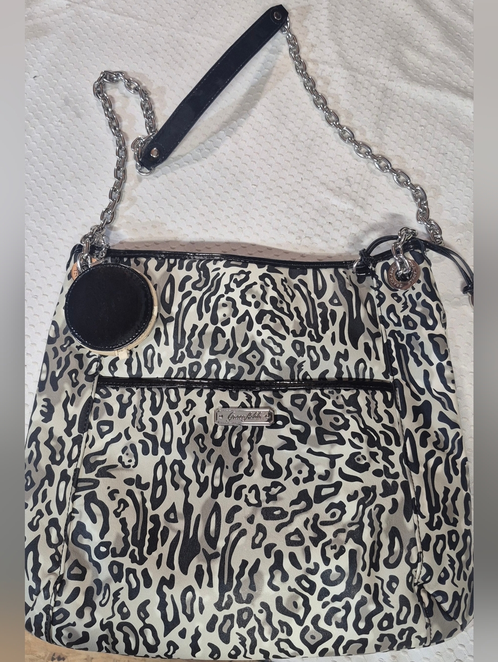 GRACE ADELE  leopard print tote with patent leather trim. EUC
